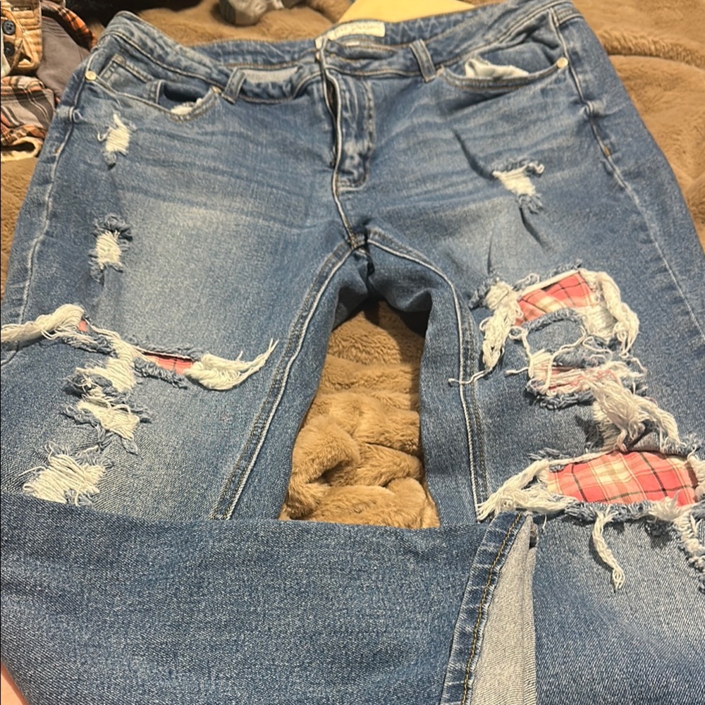 Distressed Blue Jeans with Plaid Accents